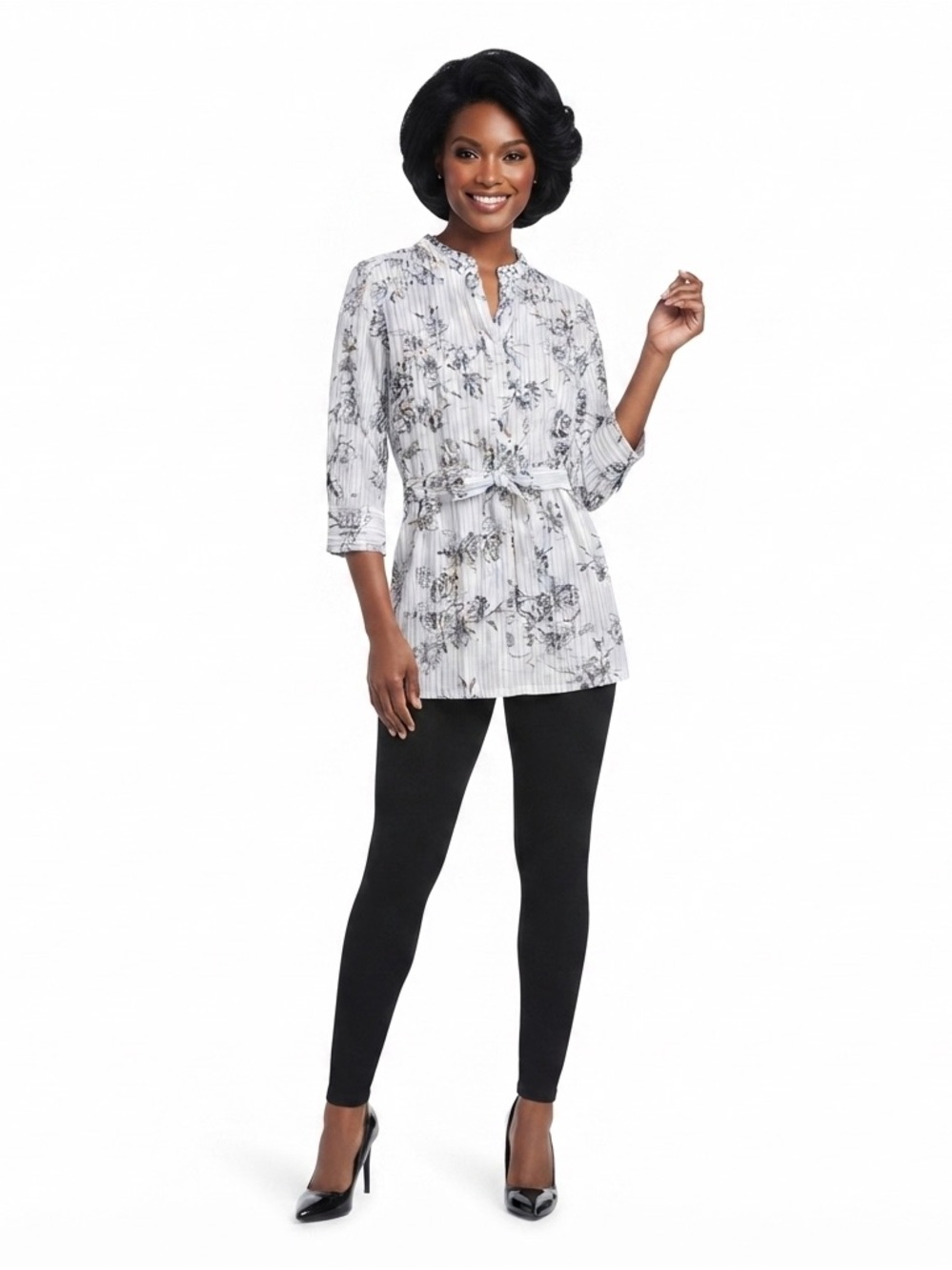 Apt. 9 Black White Floral Belted Striped Tunic Top Size XL